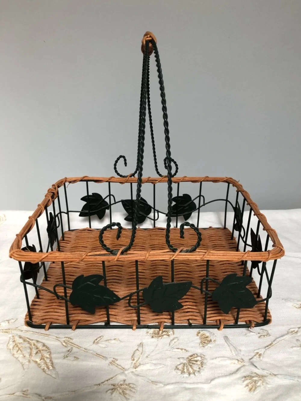 Vintage Wicker & Wrought Iron Oval Basket with Leaf Accents
